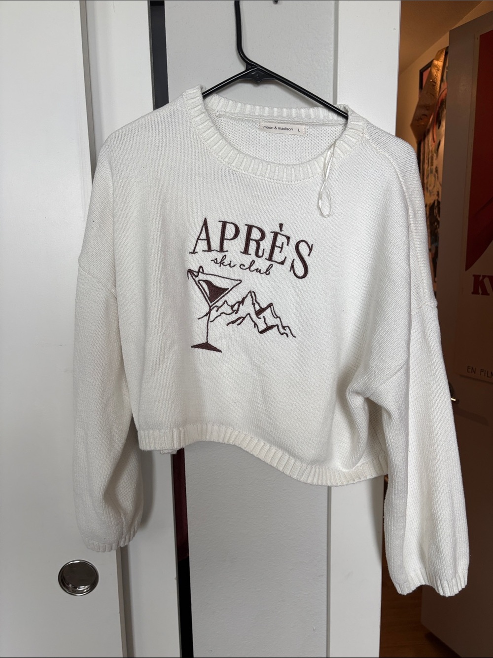 Madewell Cream Cropped Knit Sweater with Burgundy Graphic